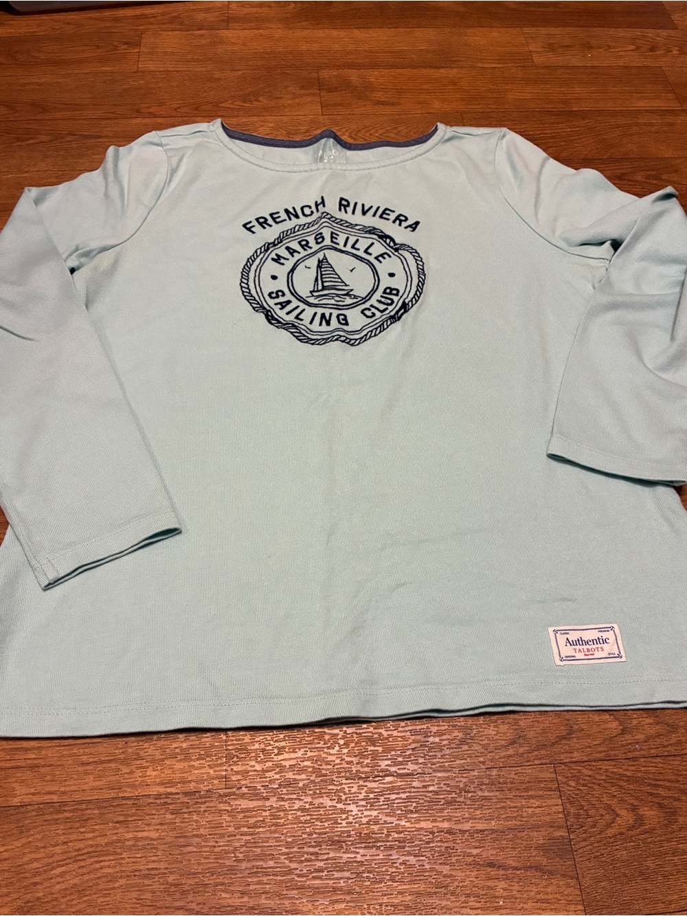 Talbots Light Aqua Crewneck Shirt with Authentic Patch Size Petite Medium